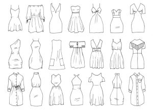 Hand drawn vector clothing set. 21 models of trendy mini dresses.