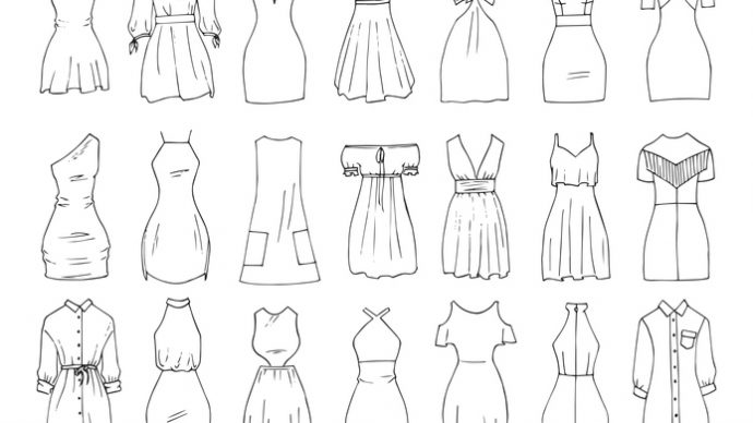 Hand drawn vector clothing set. 21 models of trendy mini dresses.